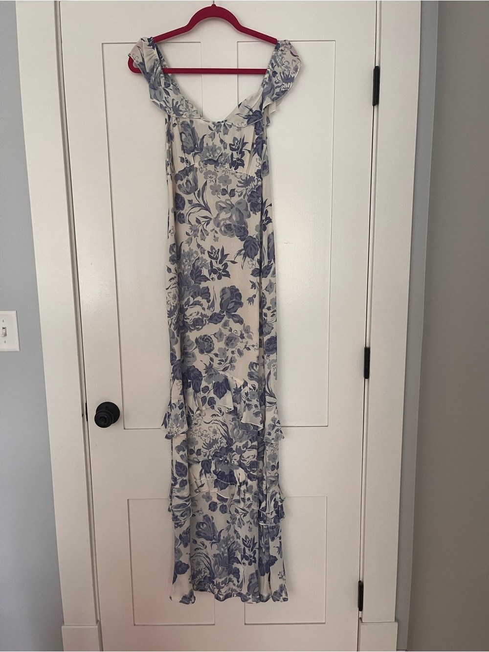 Reformation Cream Maxi Dress with Blue Floral Print